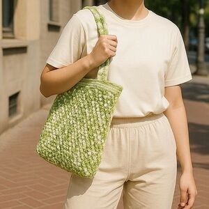 Tote Market Bag Hand Crafted Green White Cotton Boho Hobo